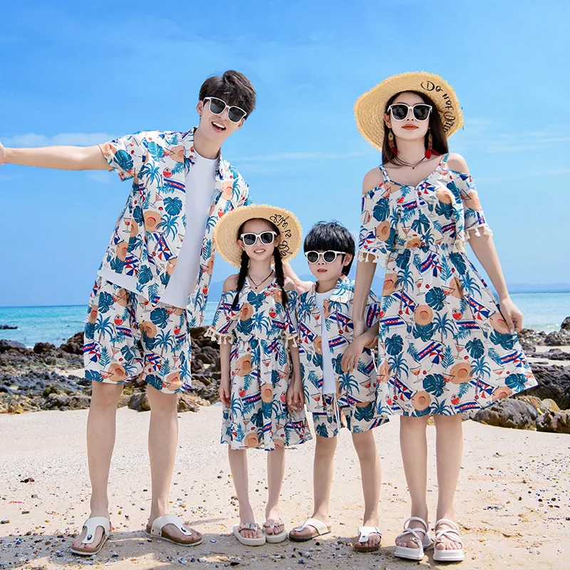 Plant Parent Clothing - 休暇の服装家族服ママ娘リゾートドレスお父さん息子ツーピースセット韓国親子マッチングビーチカップル服