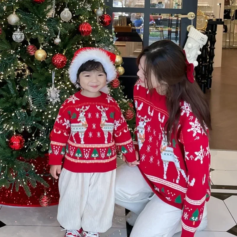 Plant Parent Clothing - 家族お揃いクリスマストナカイツリーセーター親子赤ニットジャンパー父母と息子娘同じ服トップス