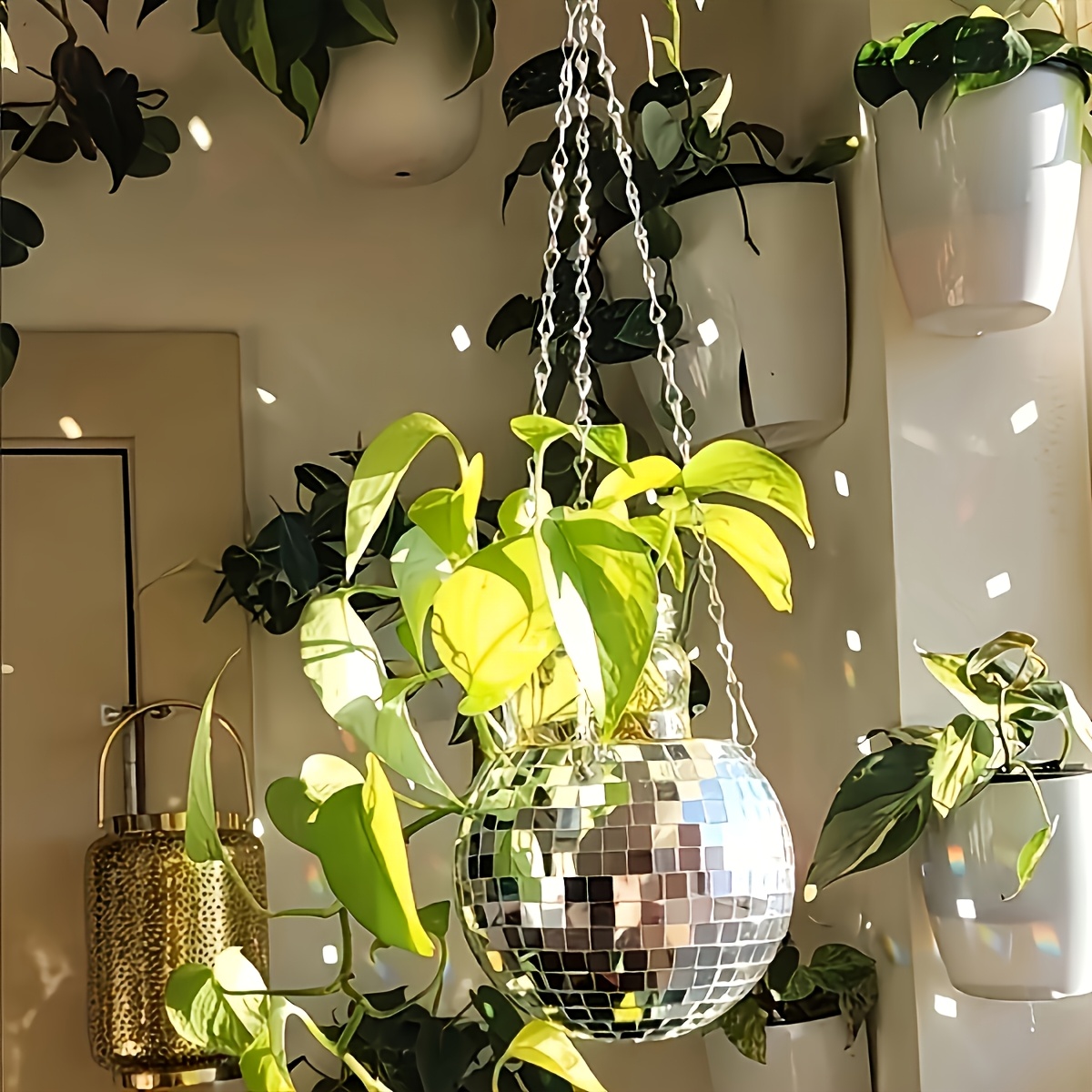 Plant Parent - ディスコミラーボールハンギングフラワーポット、多肉植物鉢、室内家庭菜園壁飾り花瓶、木製リングチェーン付き